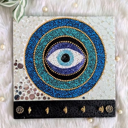 Handcrafted Evil Eye Wooden Key Holder with Mosaic Art and Hooks